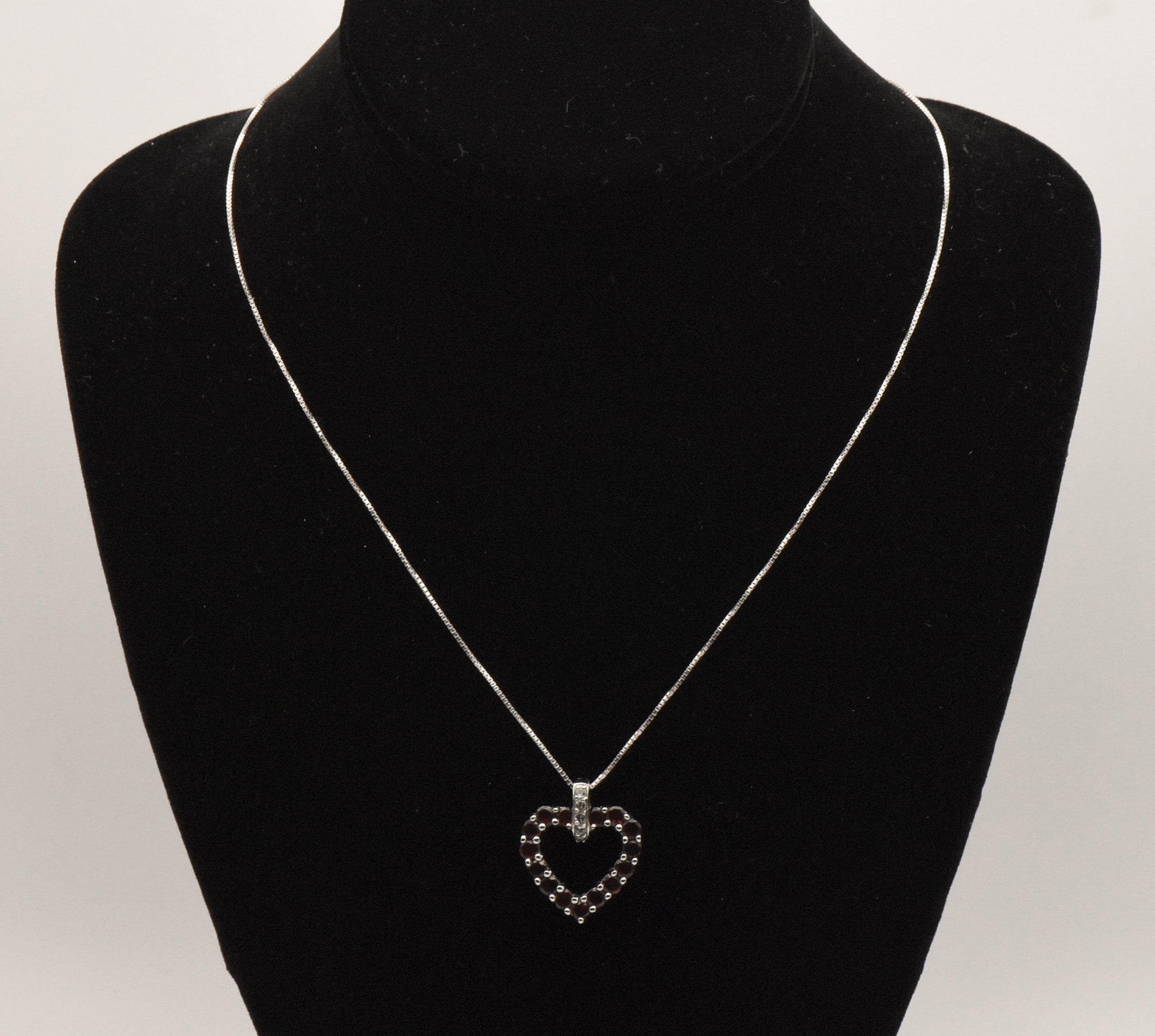 Vintage Sterling Silver Red Garnet and Colorless Topaz Heart Pendant on Sterling Chain Necklace - 18.25"