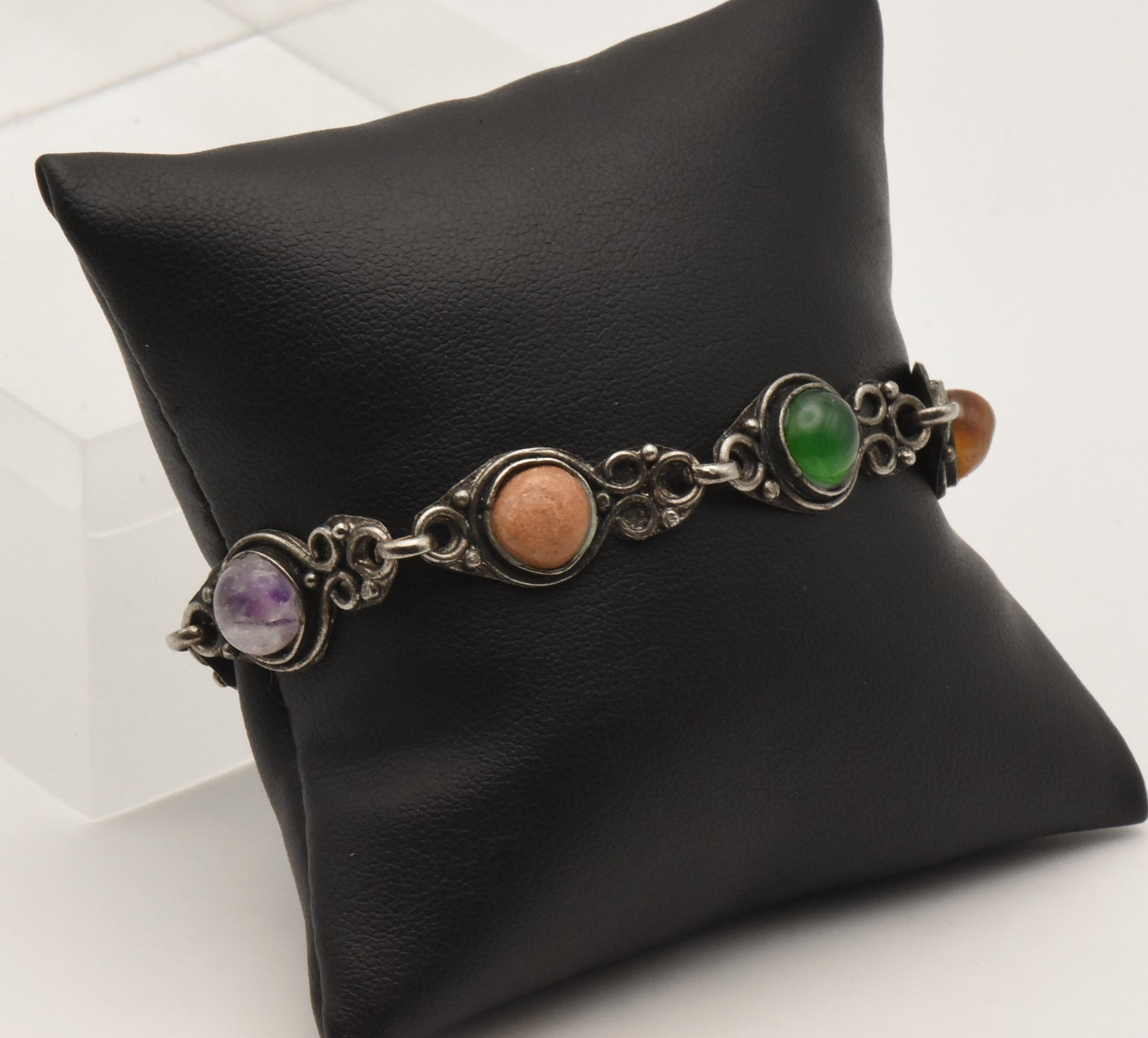 Vintage Colorful Cabochons Silver Tone Metal Link Bracelet