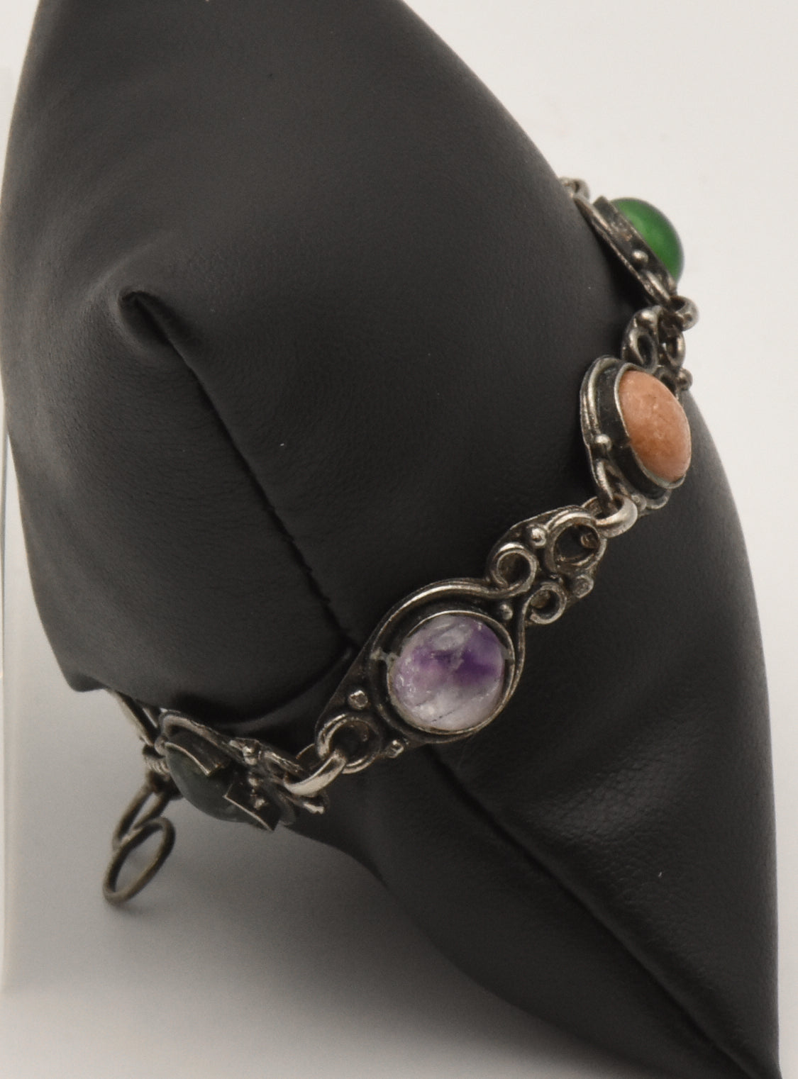 Vintage Colorful Cabochons Silver Tone Metal Link Bracelet