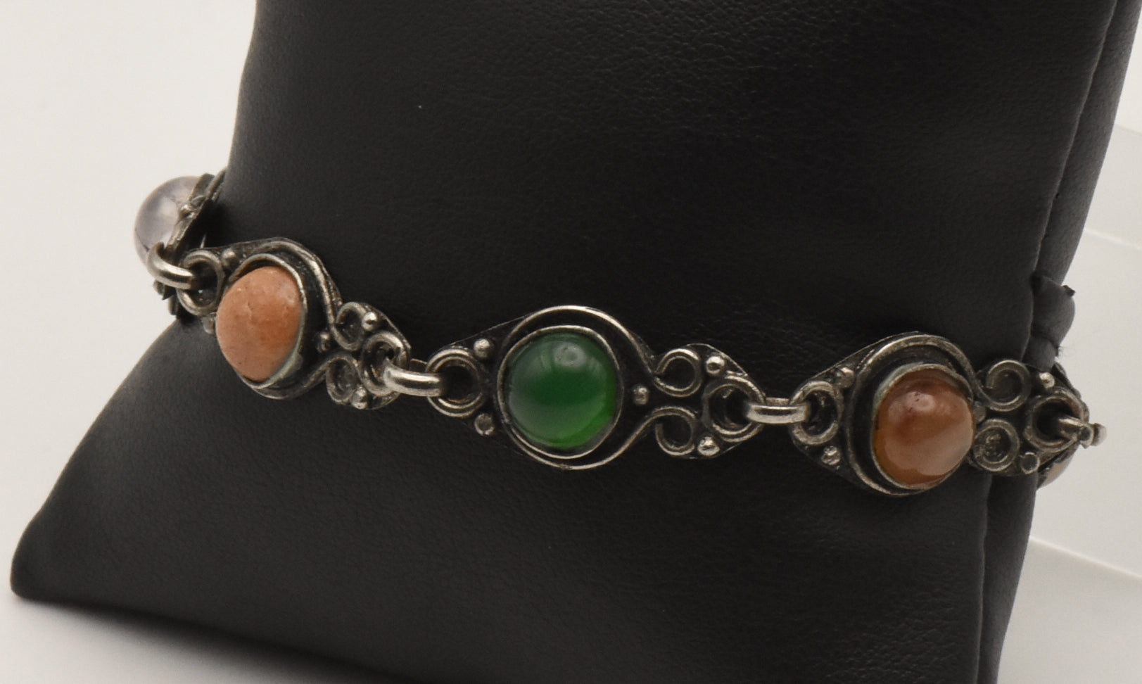 Vintage Colorful Cabochons Silver Tone Metal Link Bracelet