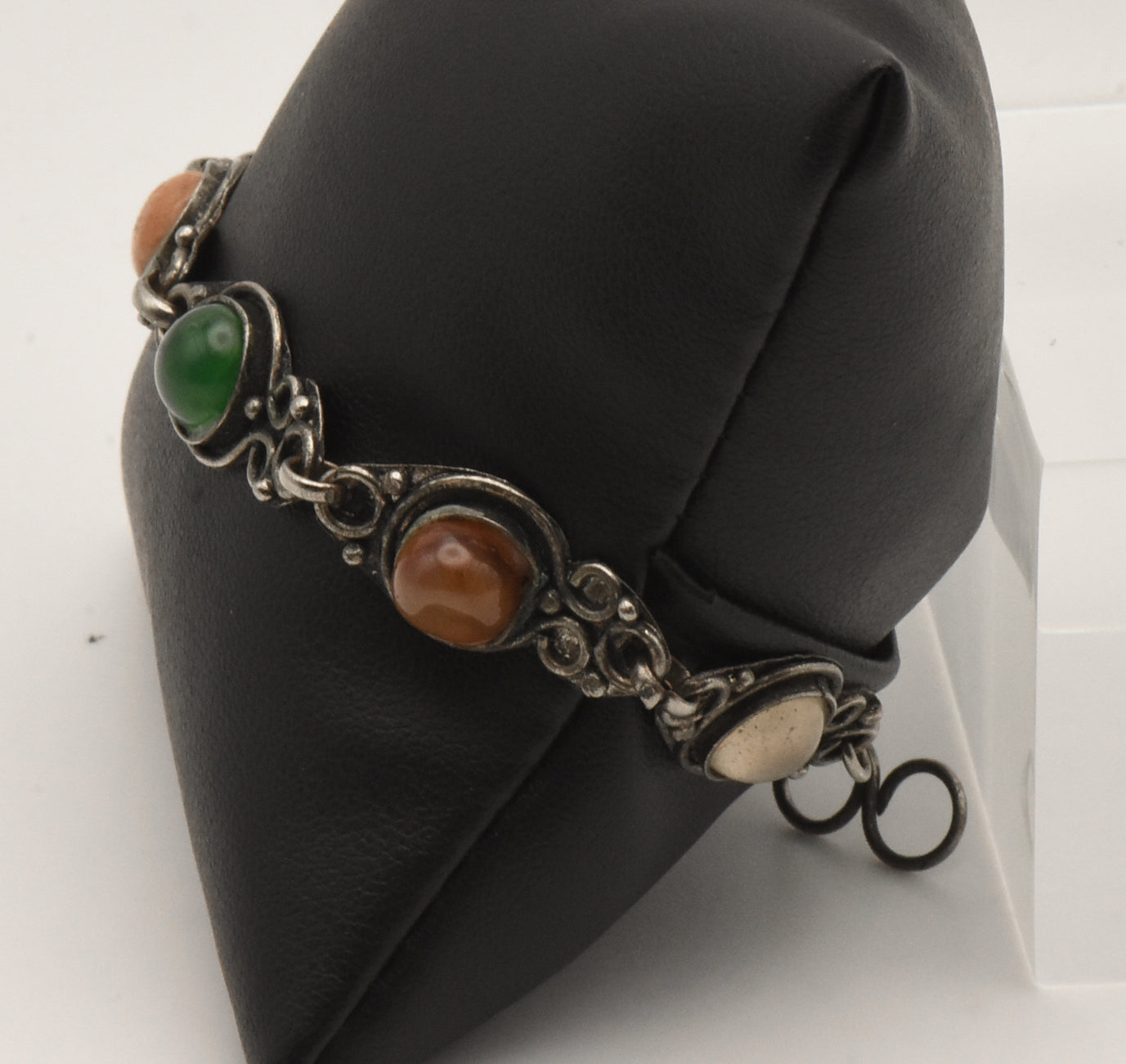 Vintage Colorful Cabochons Silver Tone Metal Link Bracelet