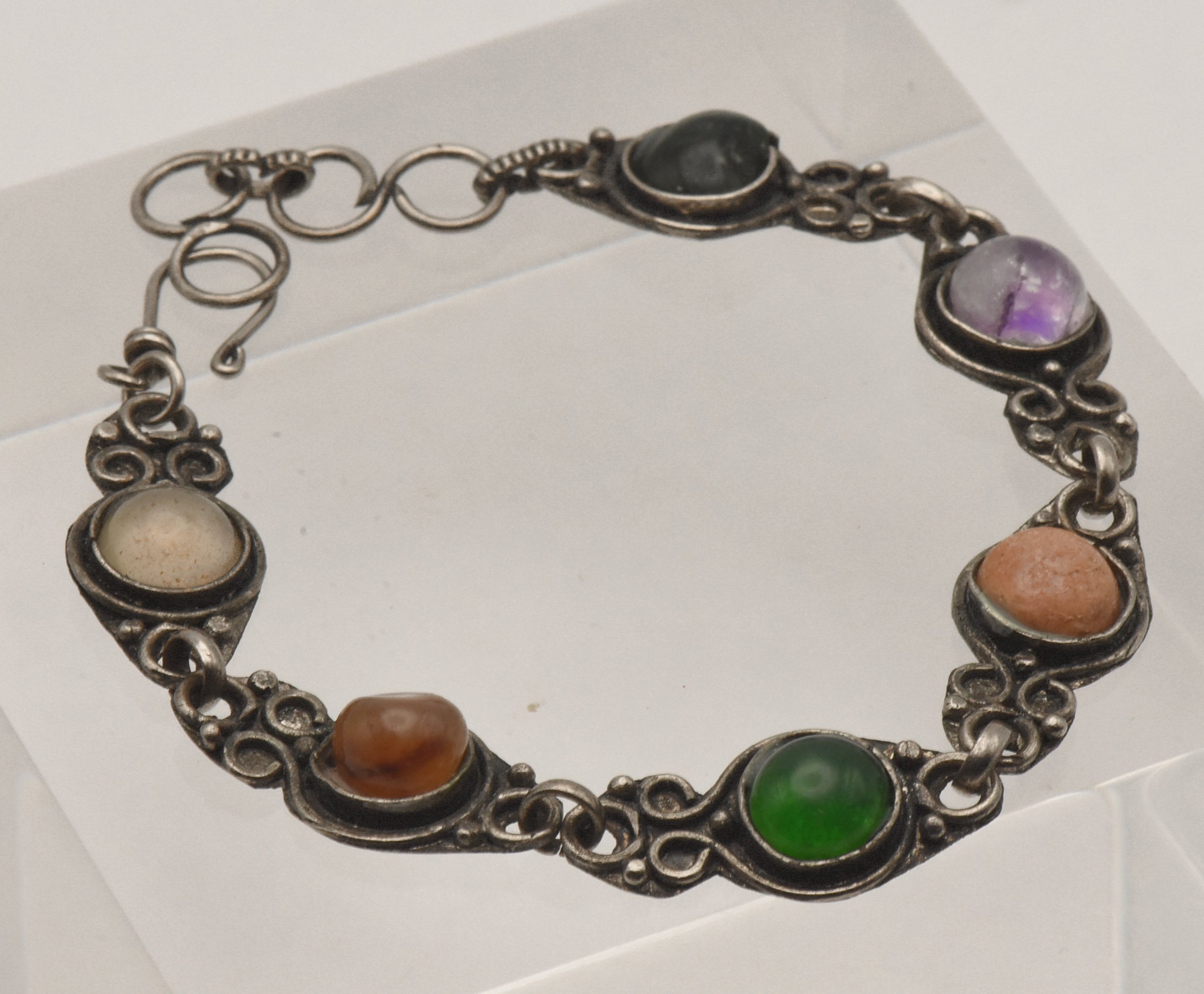 Vintage Colorful Cabochons Silver Tone Metal Link Bracelet