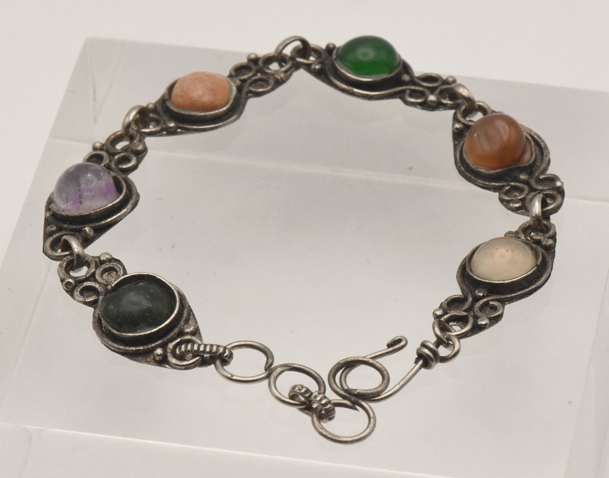 Vintage Colorful Cabochons Silver Tone Metal Link Bracelet