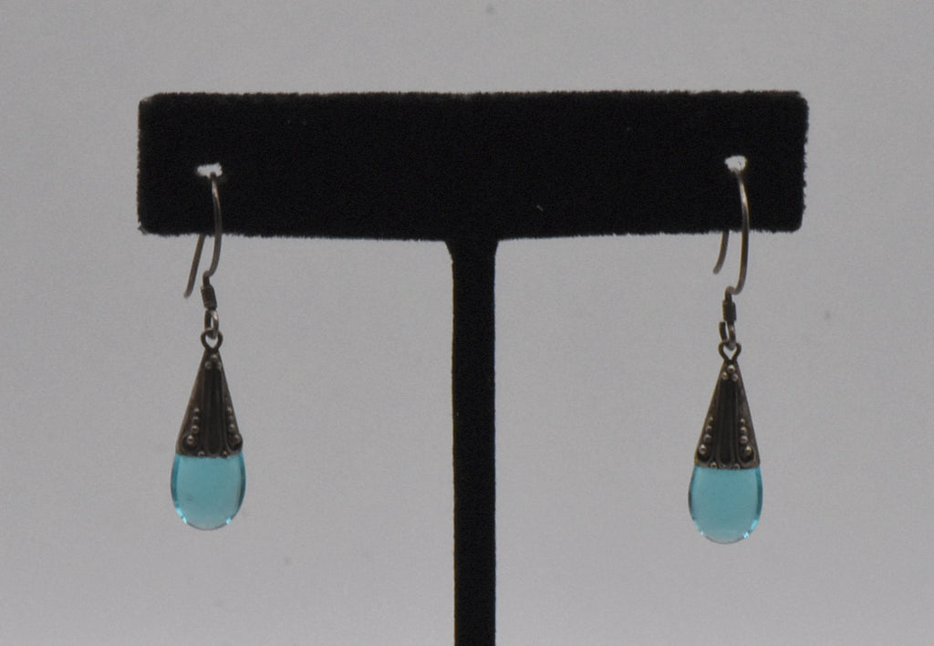 Vintage Blue Glass Sterling Silver Dangle Earrings