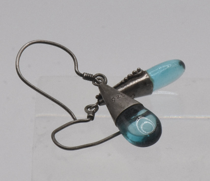 Vintage Blue Glass Sterling Silver Dangle Earrings
