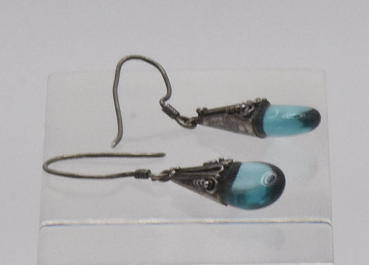 Vintage Blue Glass Sterling Silver Dangle Earrings