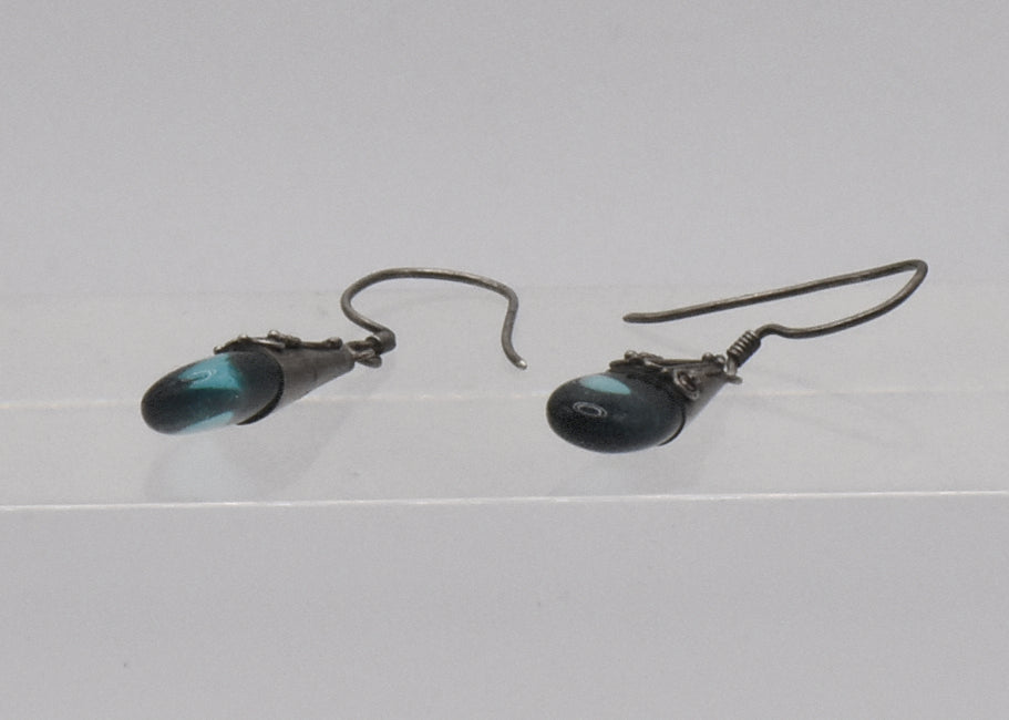 Vintage Blue Glass Sterling Silver Dangle Earrings