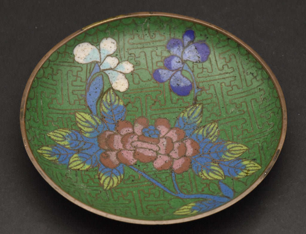 Vintage Green Cloisonne Floral Enamel Trinket Dish