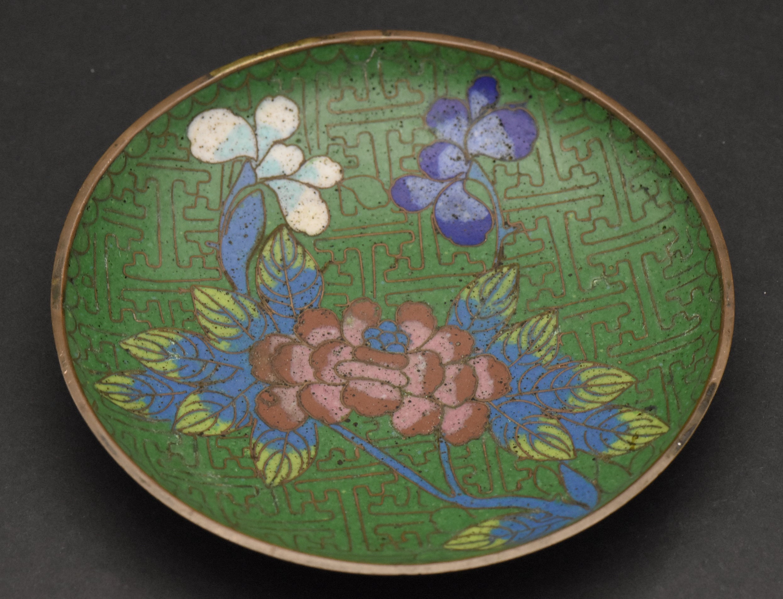 Vintage Green Cloisonne Floral Enamel Trinket Dish