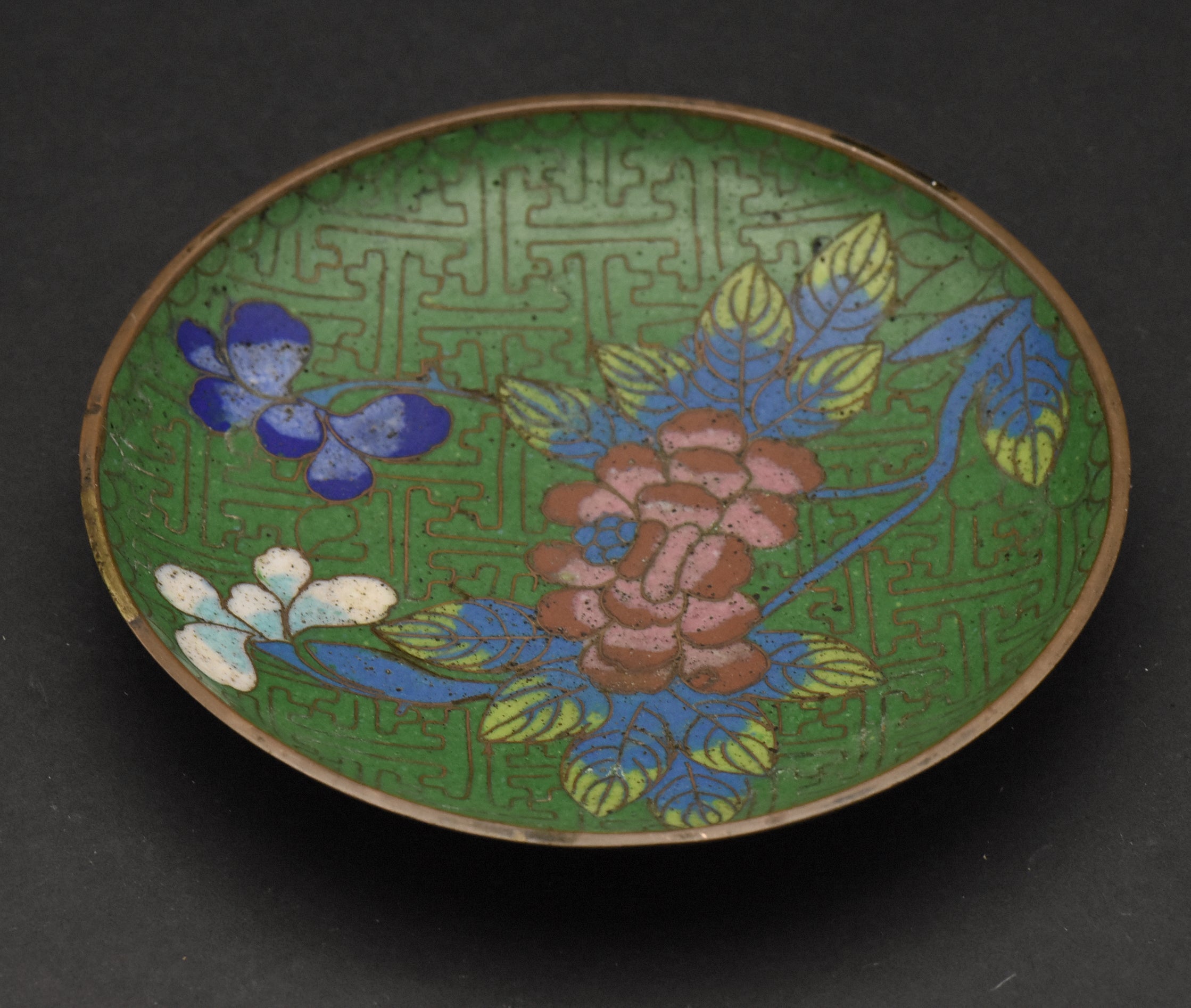 Vintage Green Cloisonne Floral Enamel Trinket Dish