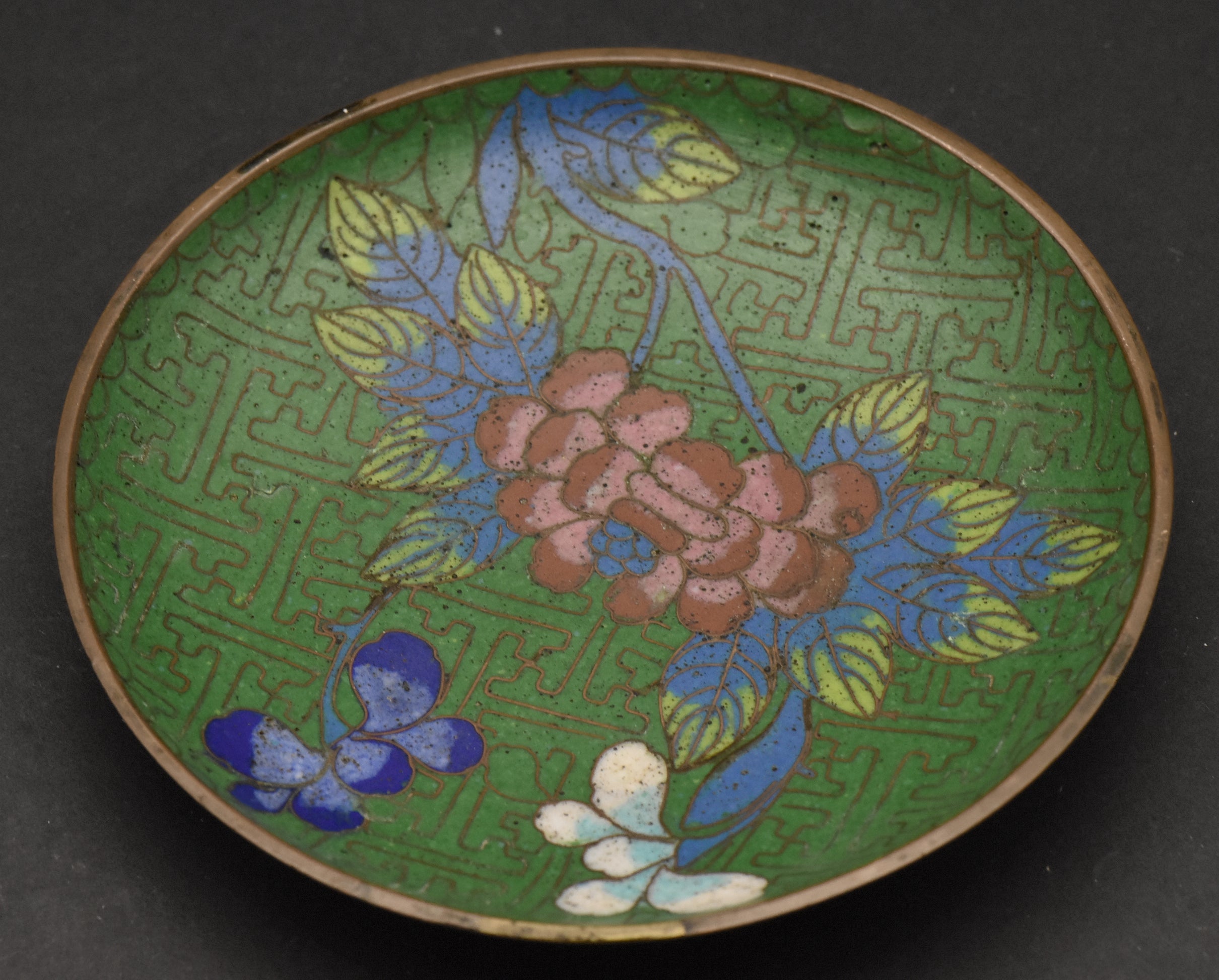 Vintage Green Cloisonne Floral Enamel Trinket Dish