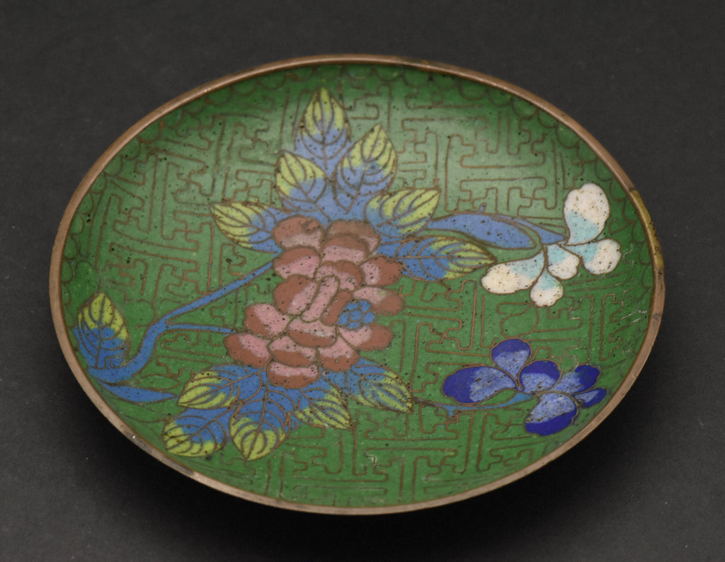 Vintage Green Cloisonne Floral Enamel Trinket Dish