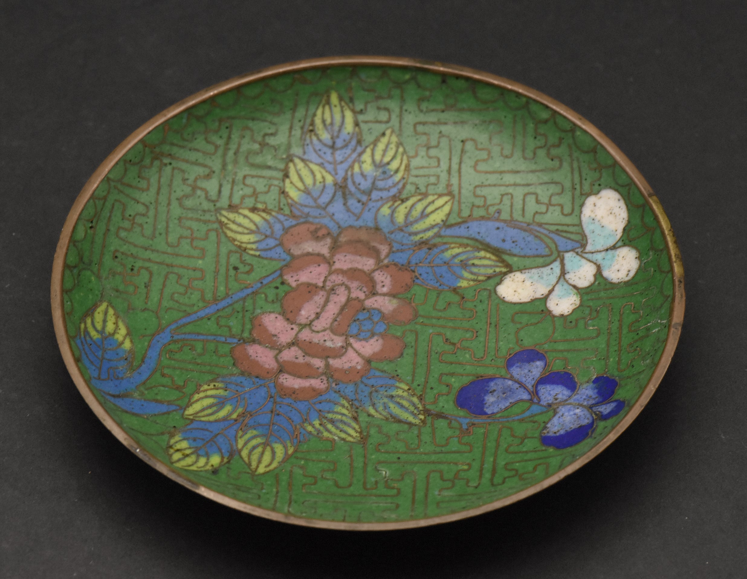 Vintage Green Cloisonne Floral Enamel Trinket Dish