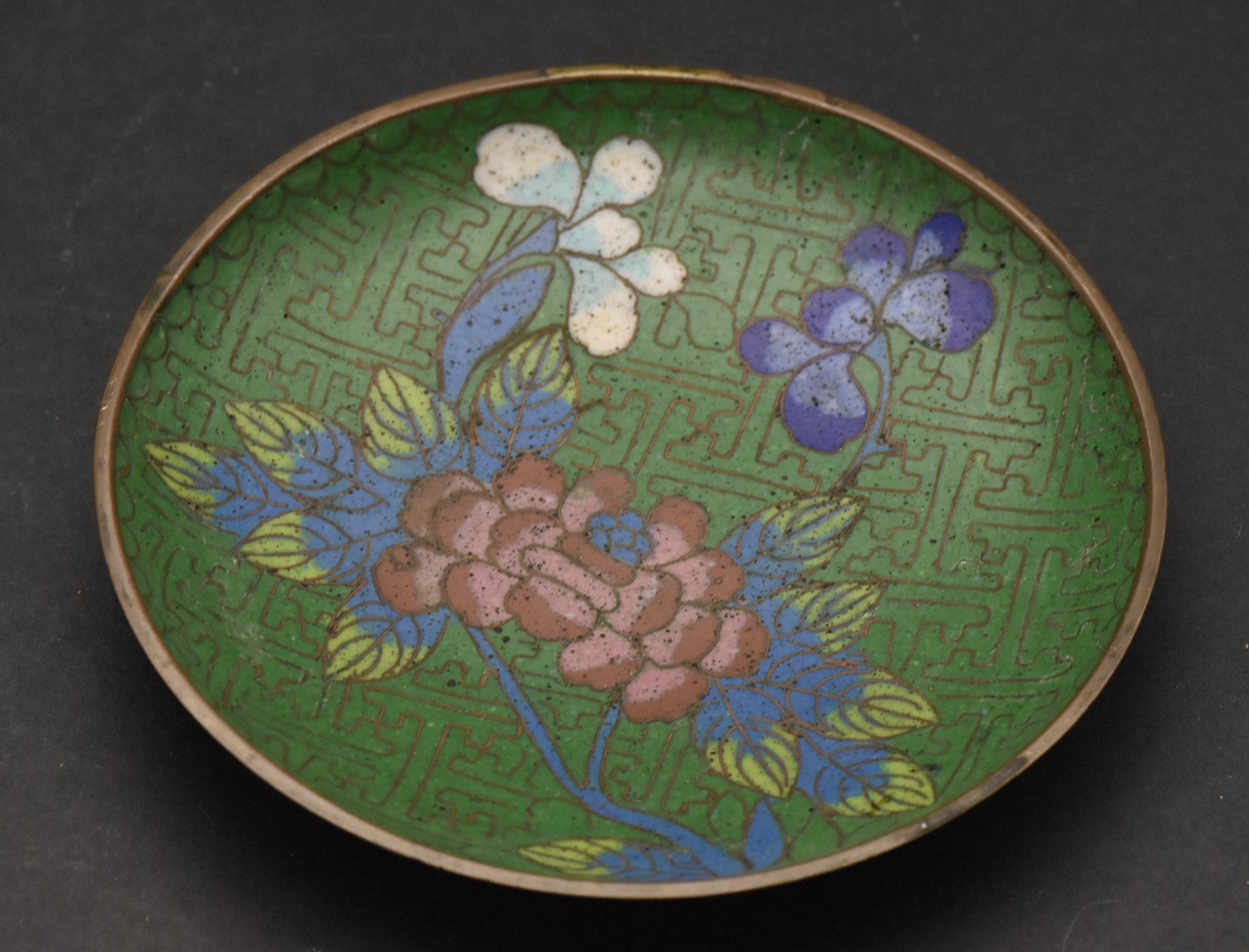 Vintage Green Cloisonne Floral Enamel Trinket Dish