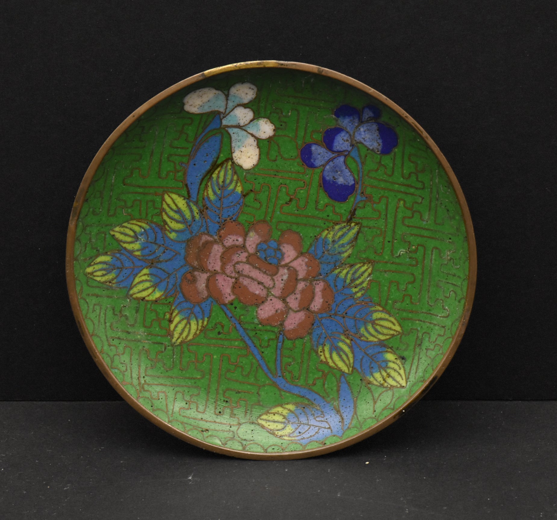 Vintage Green Cloisonne Floral Enamel Trinket Dish