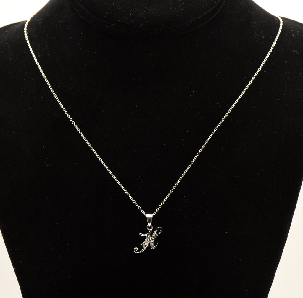 Avon - Vintage Diamond "H" Monogram Sterling Silver Pendant Necklace - 18.75"