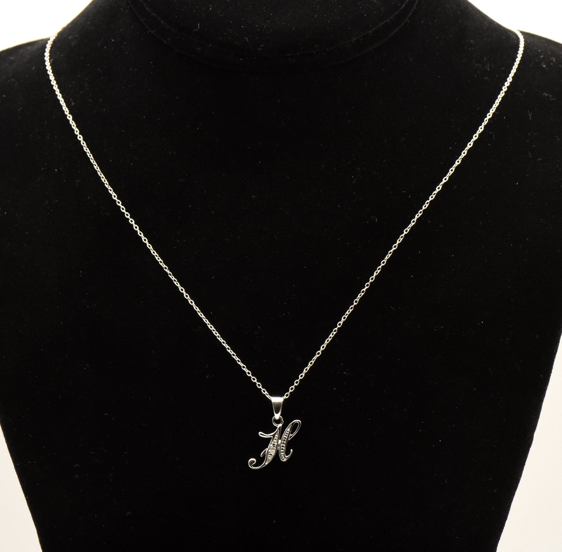 Avon - Vintage Diamond "H" Monogram Sterling Silver Pendant Necklace - 18.75"