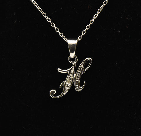 Avon - Vintage Diamond "H" Monogram Sterling Silver Pendant Necklace - 18.75"