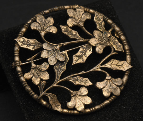 Vintage Handmade Brass Pierced Design Floral Brooch