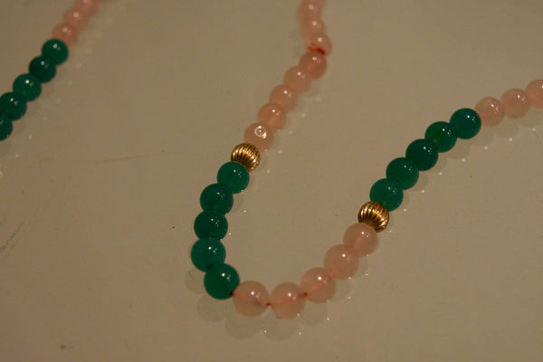 Rose Quartz, Jade & 14k Gold Bead Necklace - 33"