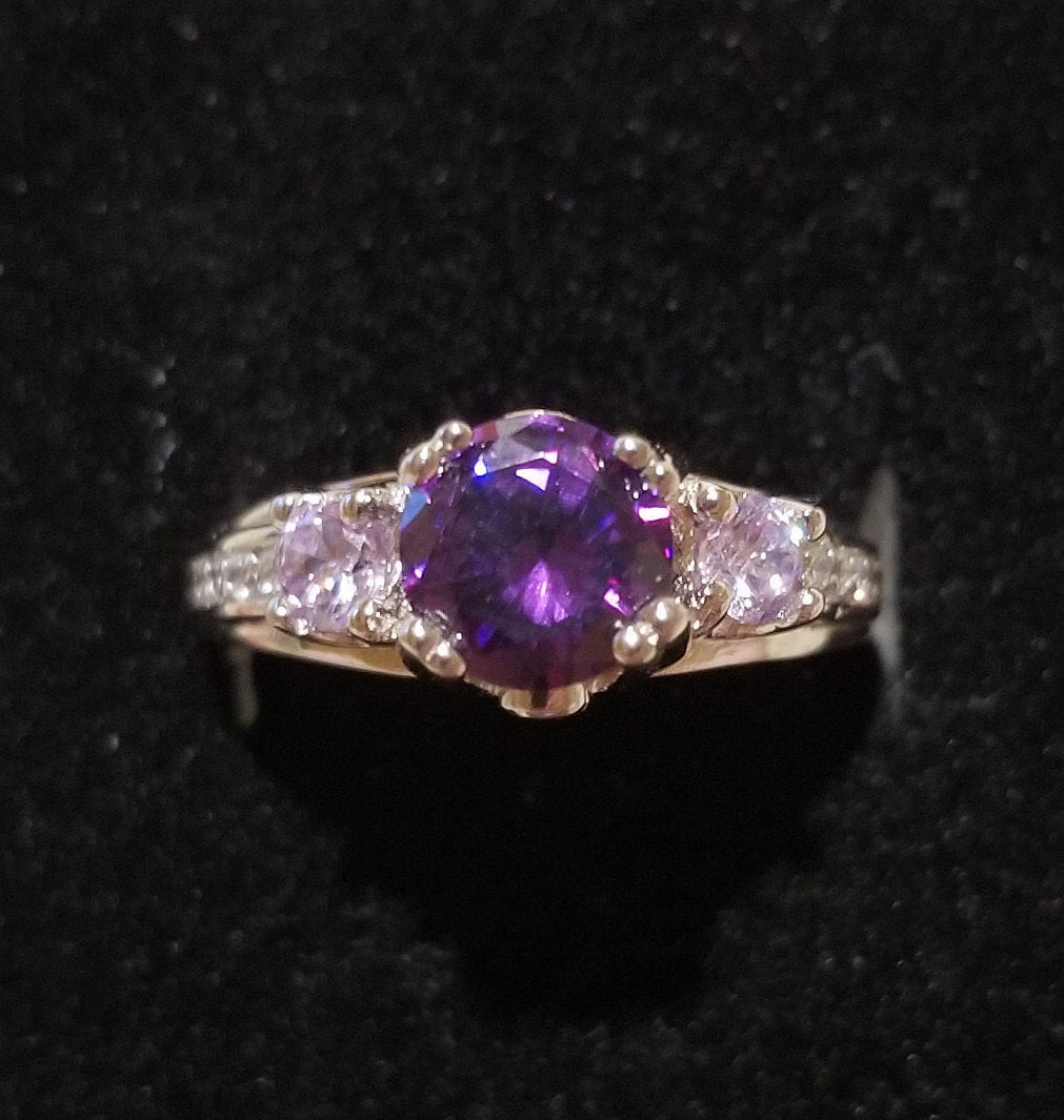 Sterling Silver Ring with Simulated Amethyst and Diamonds - Size 6
