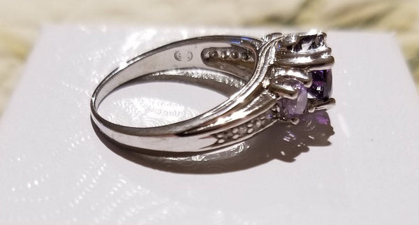 Sterling Silver Ring with Simulated Amethyst and Diamonds - Size 6
