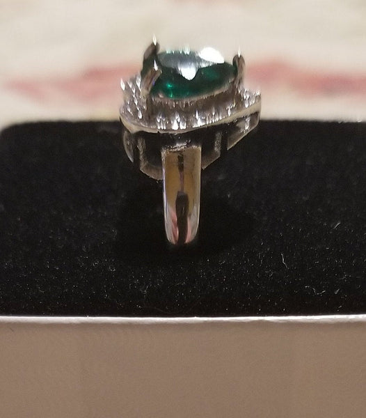 Sterling Silver Ring with Heart Cut Simulated Emerald - Size 7.75