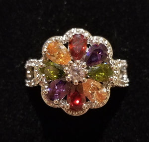 Sterling Silver Ring with Multicolored Crystal Flower - Size 7.5