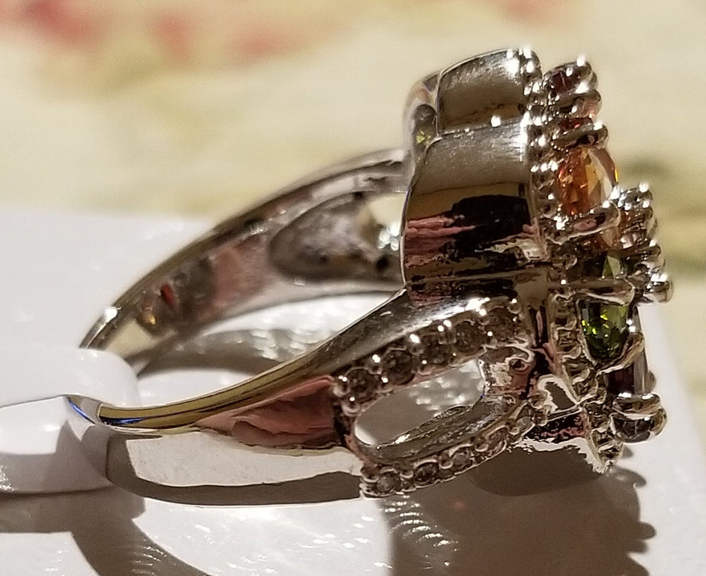 Sterling Silver Ring with Multicolored Crystal Flower - Size 7.5