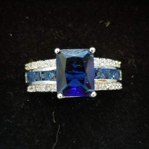 Simulated Sapphire and Diamond Sterling Silver Ring - Size 9