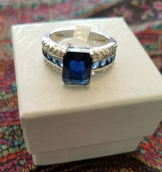 Simulated Sapphire and Diamond Sterling Silver Ring - Size 9