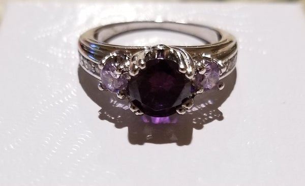 Sterling Silver Ring with Simulated Amethyst and Diamonds - Size 6