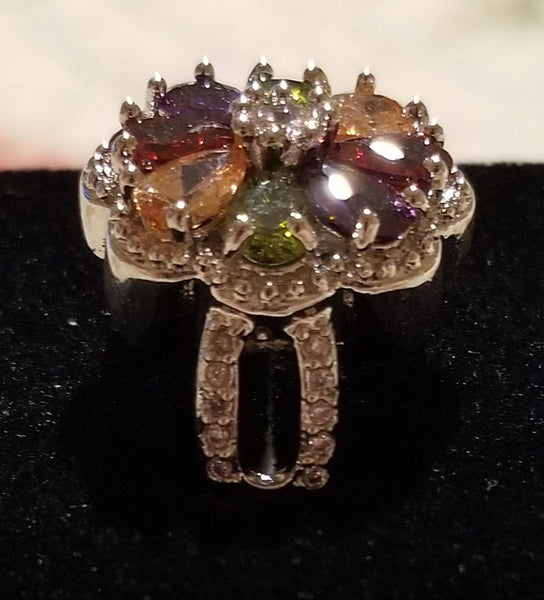 Sterling Silver Ring with Multicolored Crystal Flower - Size 7.5