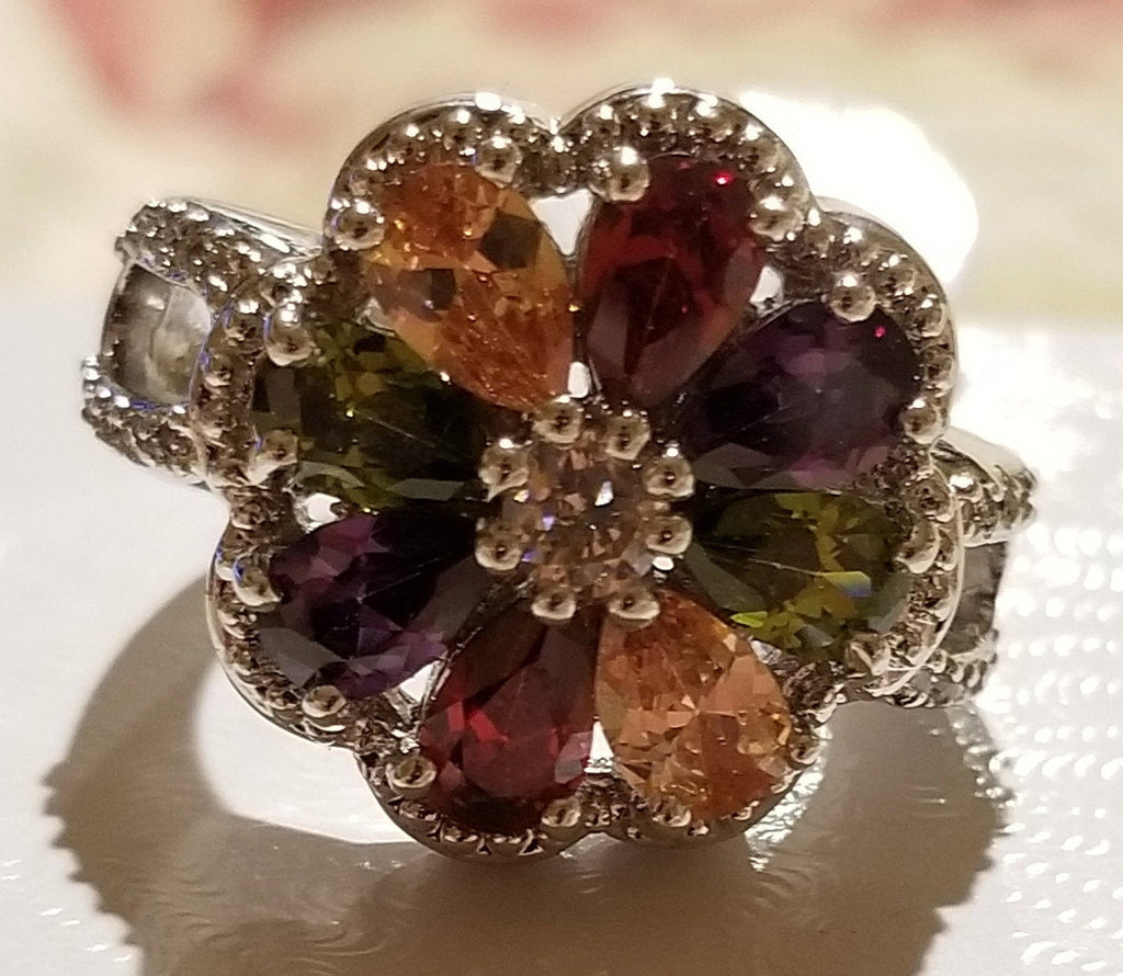 Sterling Silver Ring with Multicolored Crystal Flower - Size 7.5