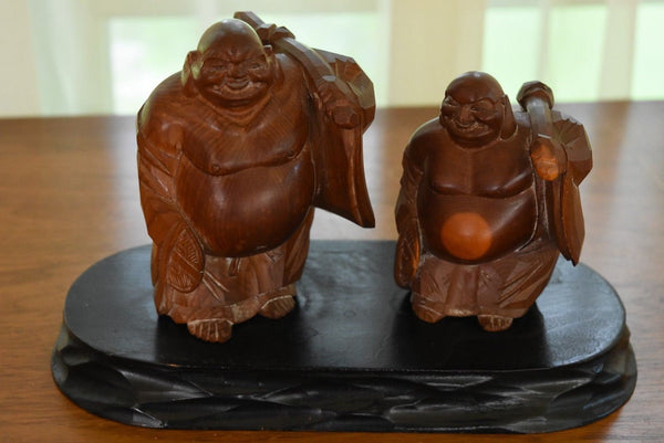 Pair of Ichii Ittobori Hotei Wood Carved Figures