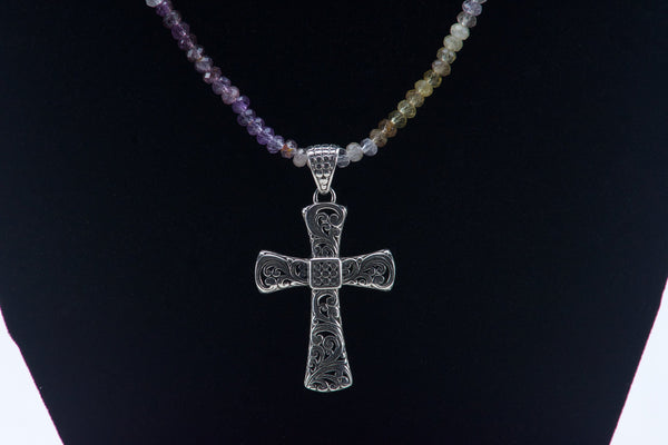 Sterling Silver Crucifix on Quartz Varieties Multicolor Beaded Necklace - 18" - BROKEN CLASP