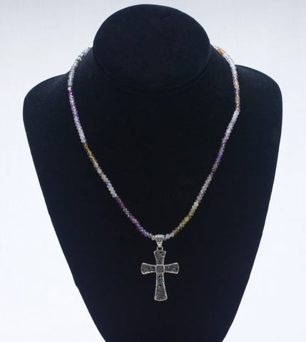 Sterling Silver Crucifix on Quartz Varieties Multicolor Beaded Necklace - 18" - BROKEN CLASP