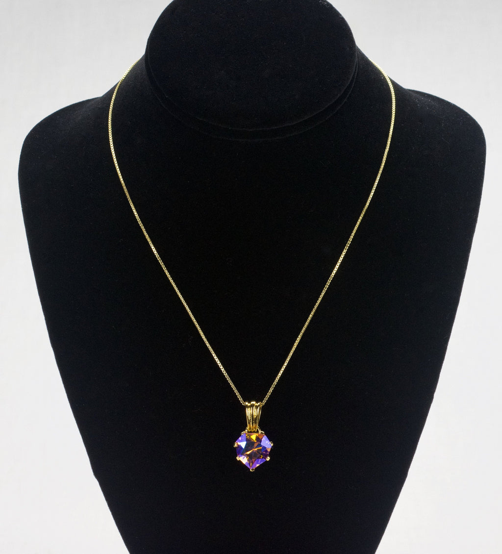 Gold Tone Sterling Silver Chain with Iridescent Heart Shape Crystal Pendant Set in Gold Tone Sterling