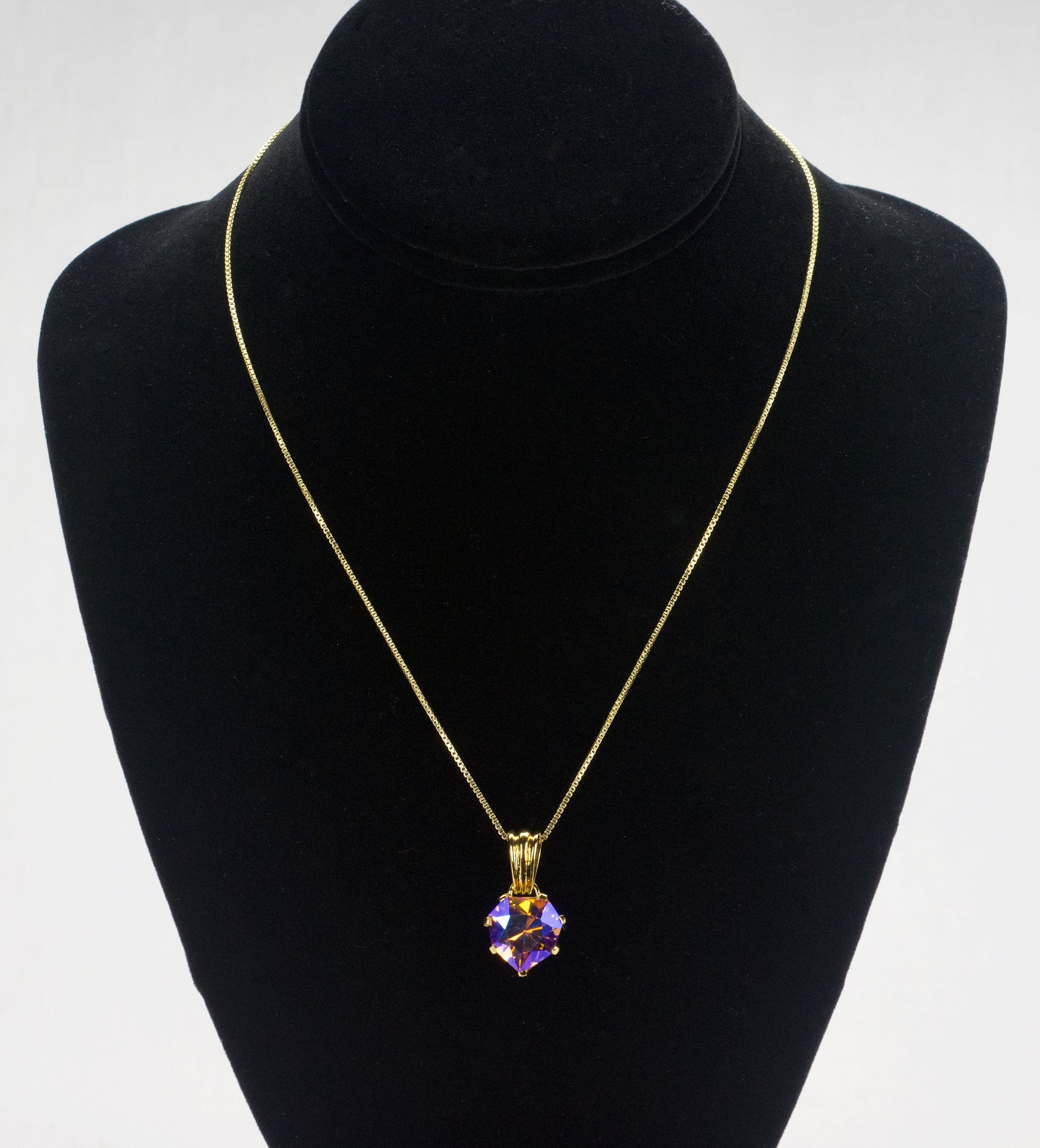 Gold Tone Sterling Silver Chain with Iridescent Heart Shape Crystal Pendant Set in Gold Tone Sterling