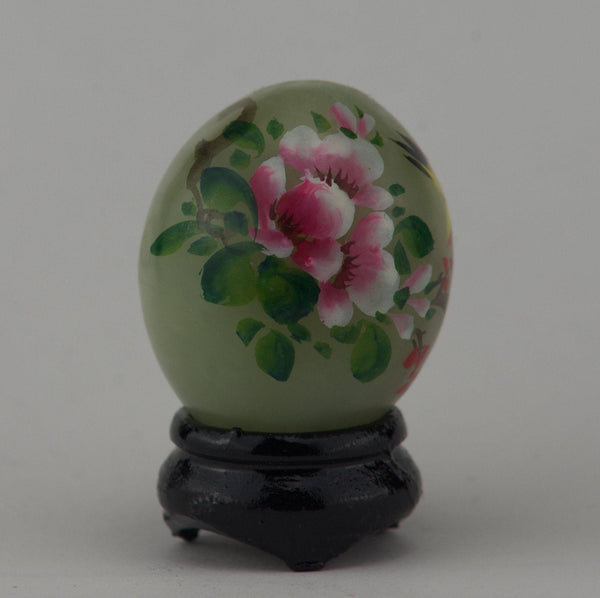Hand Painted Carved Jade Egg - Yellow Bird/Red Flowers
