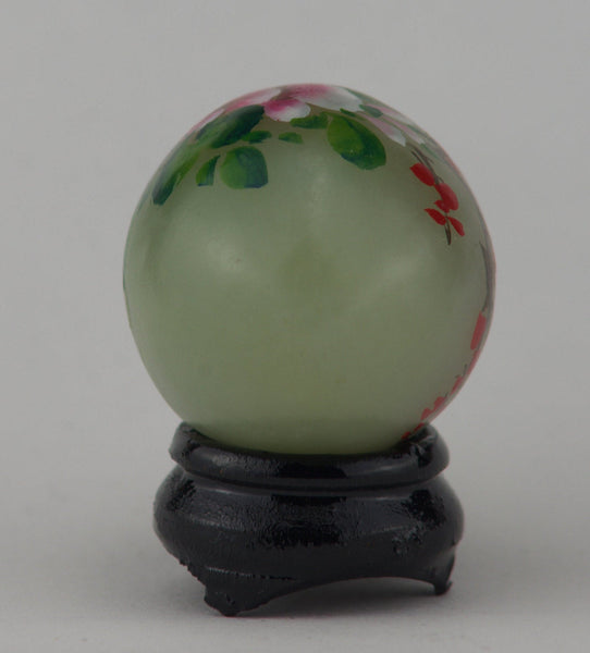 Hand Painted Carved Jade Egg - Yellow Bird/Red Flowers