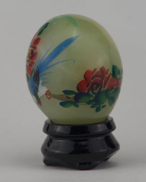 Hand Painted Carved Jade Egg - Blue Bird/Pink Flower