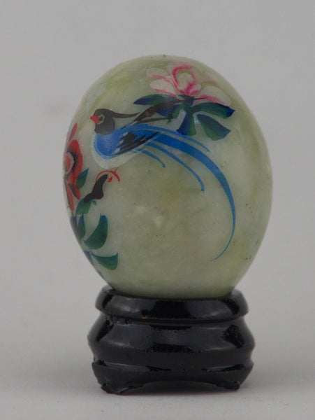 Hand Painted Carved Jade Egg - Blue Bird/Pink Flowers