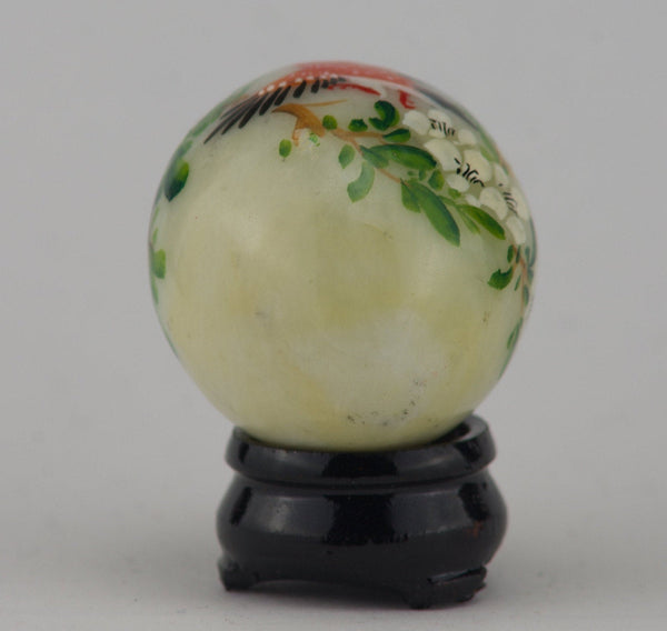 Hand Painted Carved Jade Egg - Red Bird/White Flowers