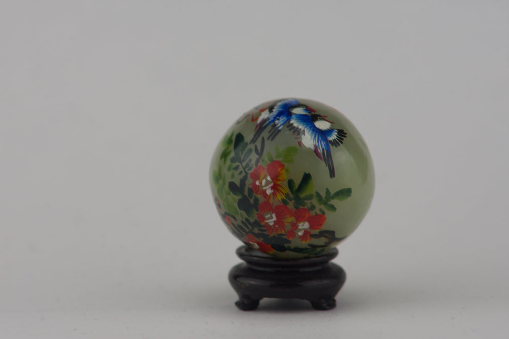 Hand Painted Carved Jade Egg - Blue Birds/Red Flowers