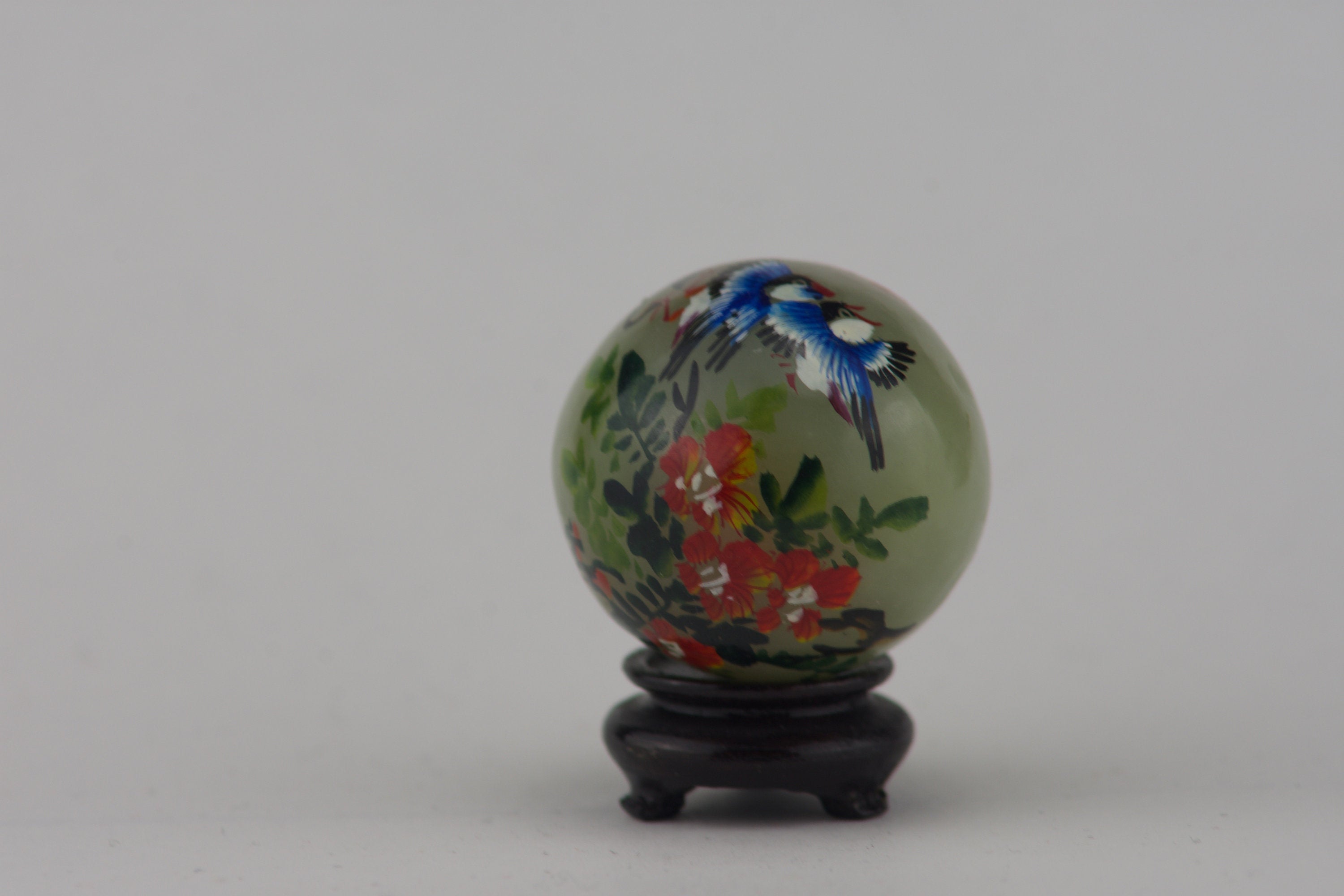 Hand Painted Carved Jade Egg - Blue Birds/Red Flowers