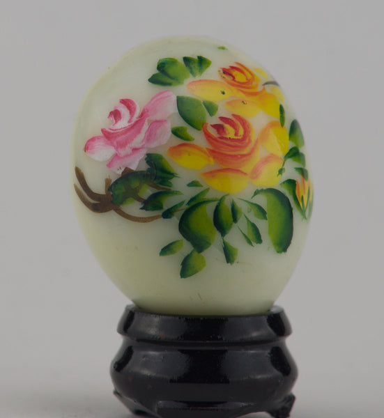 Hand Painted Carved Jade Egg - Colorful Bird/Yellow Flowers