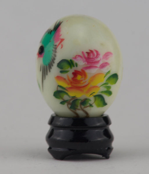 Hand Painted Carved Jade Egg - Colorful Bird/Yellow Flowers