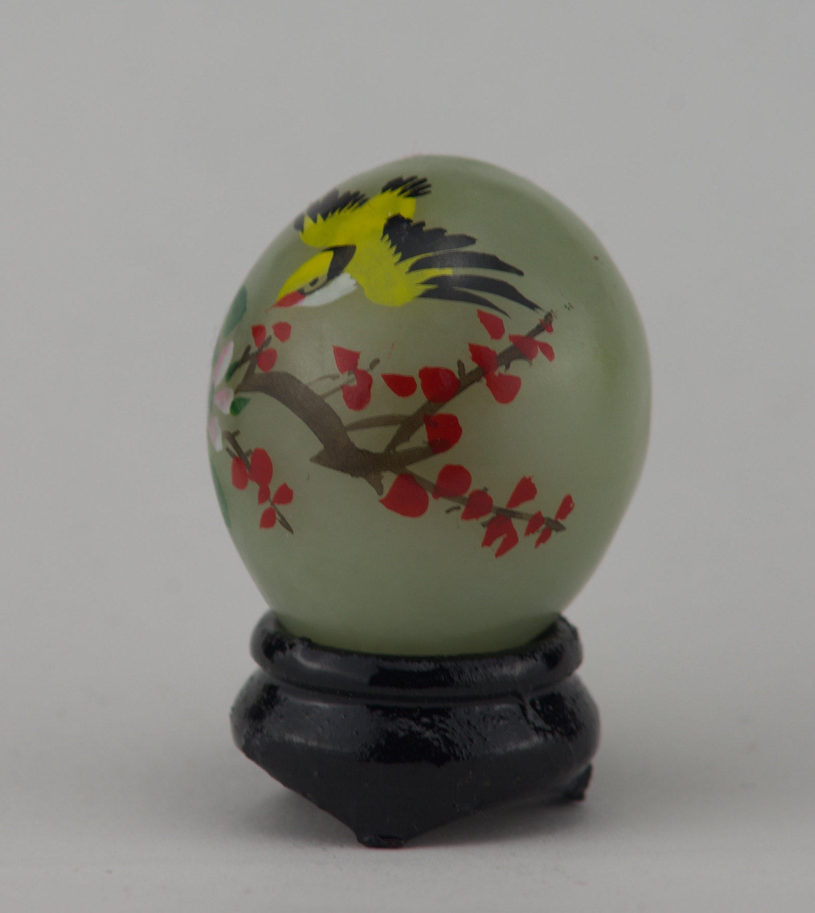 Hand Painted Carved Jade Egg - Yellow Bird/Red Flowers