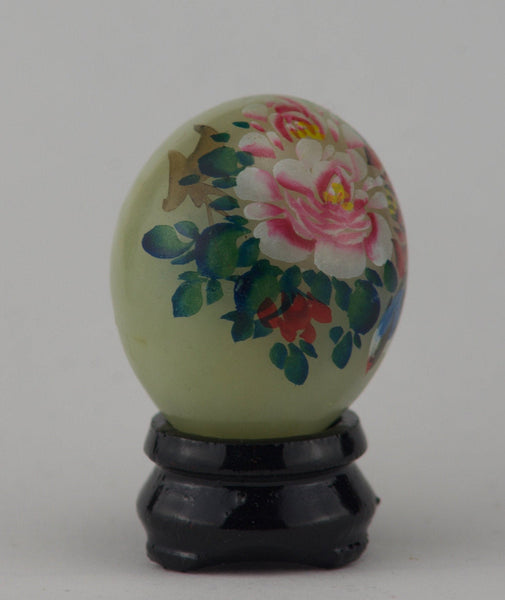 Hand Painted Carved Jade Egg - Blue Bird/Pink Flower